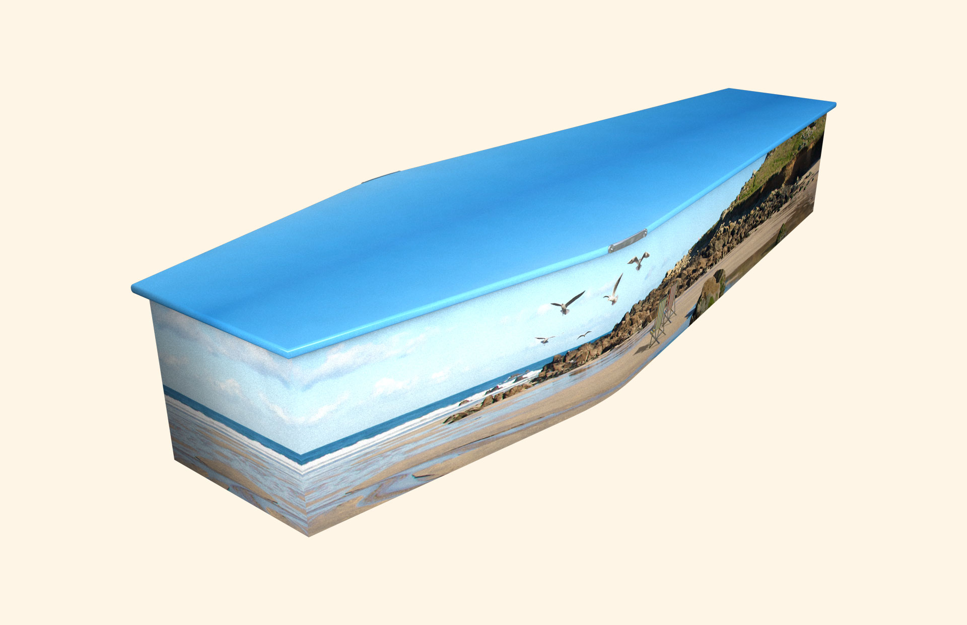 Haven Beach design on a traditional coffin